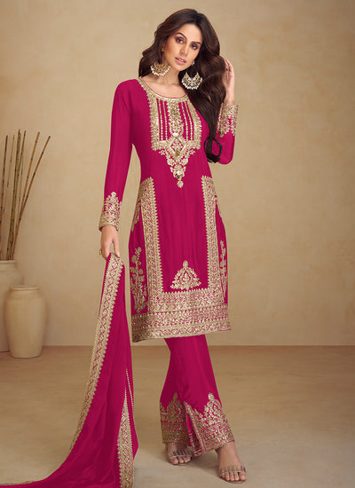 Magenta Golden Embroidered Pakistani Pant Style Suit