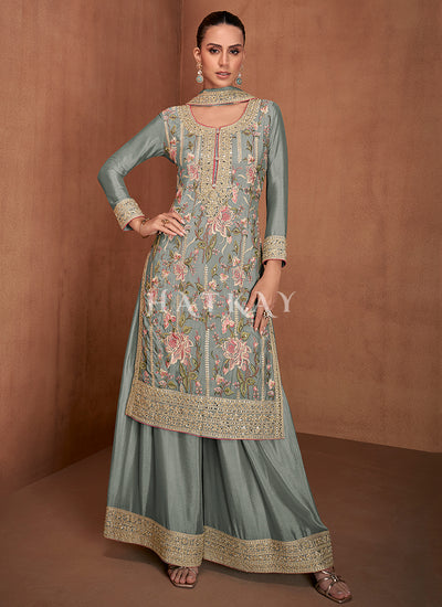 Mint Green Floral Embroidery Festive Palazzo Suit