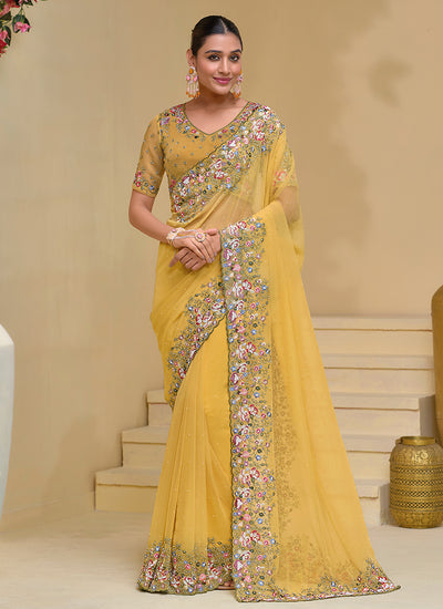 Yellow Multi Embroidery Festive Silk Saree