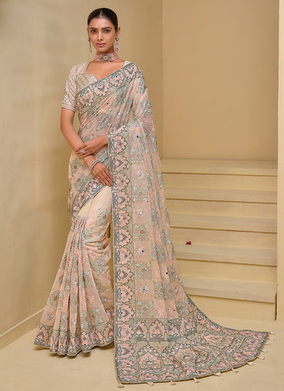 Pastel Peach Multi Embroidery Festive Silk Saree