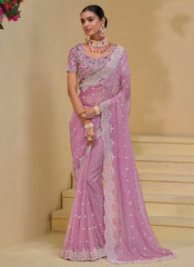 Light Pink Multi Embroidery Festive Silk Saree