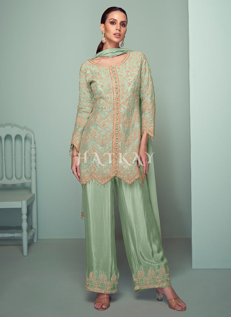 Light Green Cording Embroidery Traditional Pant Style Suit