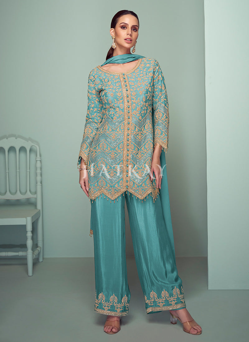 Sky Blue Cording Embroidery Traditional Pant Style Suit