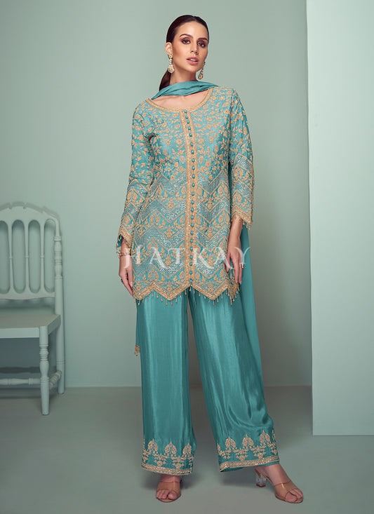 Sky Blue Cording Embroidery Traditional Pant Style Suit