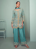 Sky Blue Cording Embroidery Traditional Pant Style Suit