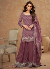 Plum Purple Embroidery Party Wear Sharara Suit