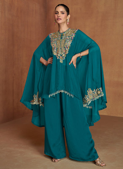 Turquoise Multi Embroidery Poncho Style Pant Suit
