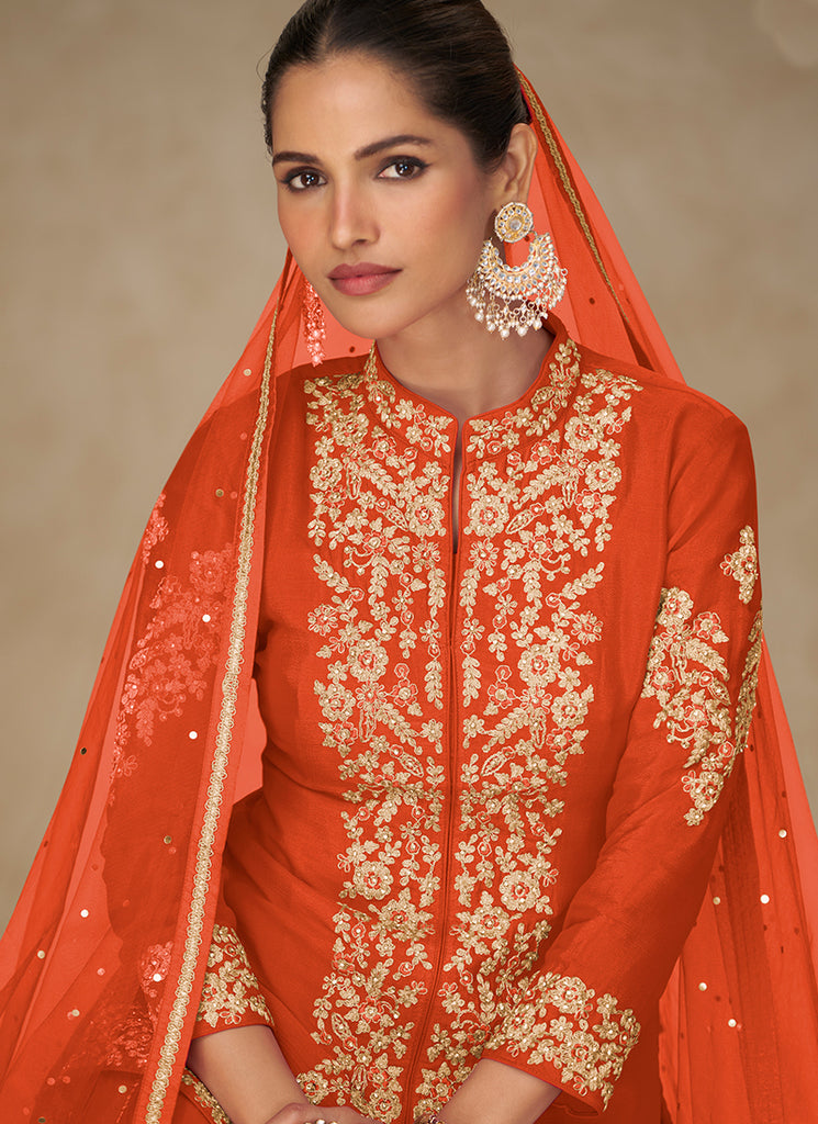 Orange Embroidered Short Kurti And Sharara