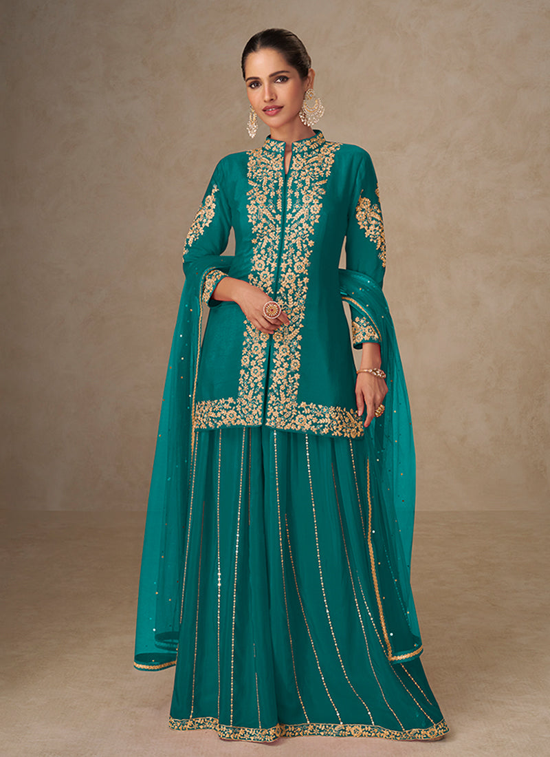 Turquoise Embroidered Short Kurti And Sharara