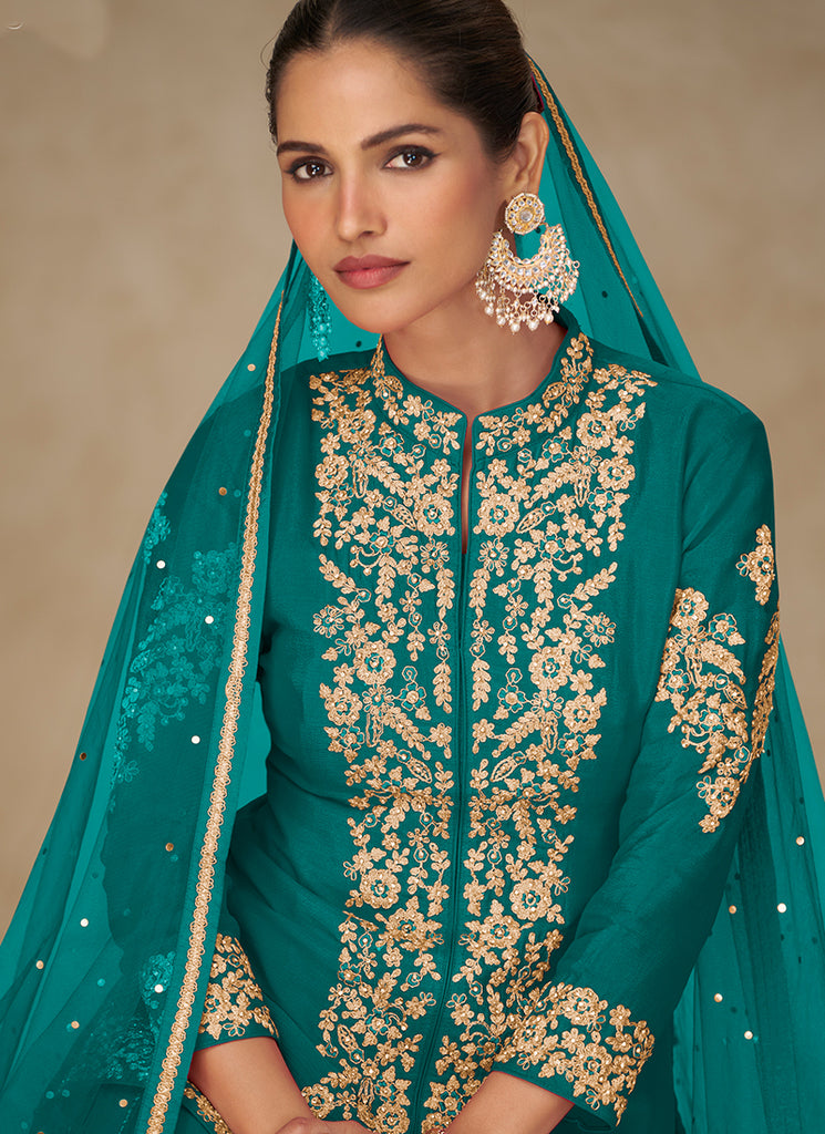 Turquoise Embroidered Short Kurti And Sharara