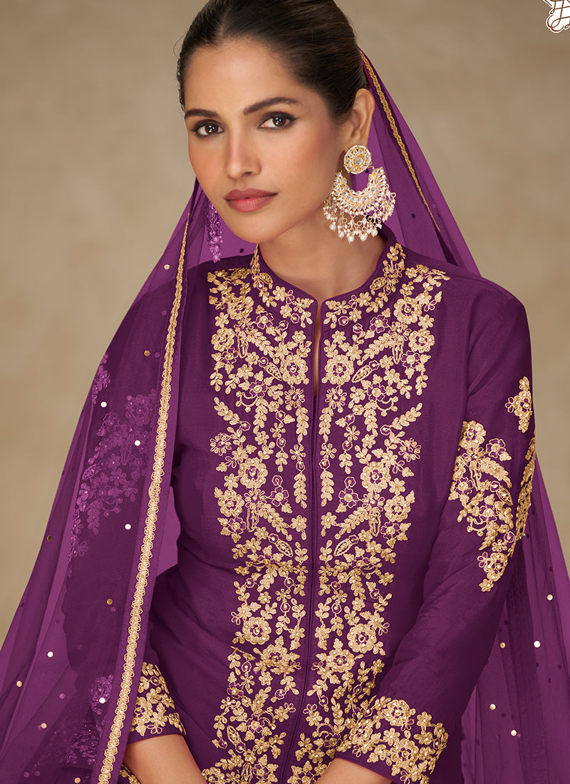 Purple Embroidered Short Kurti And Sharara