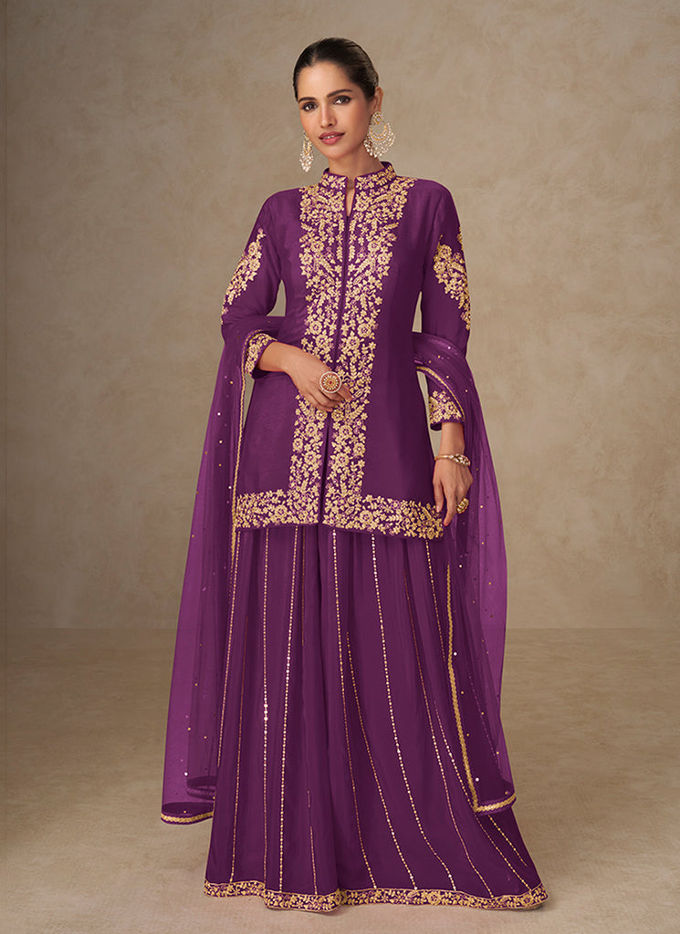 Purple Embroidered Short Kurti And Sharara