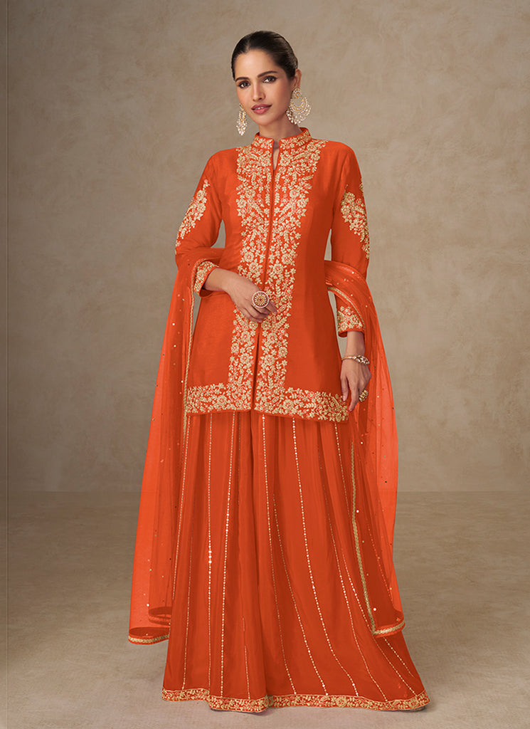 Orange Embroidered Short Kurti And Sharara