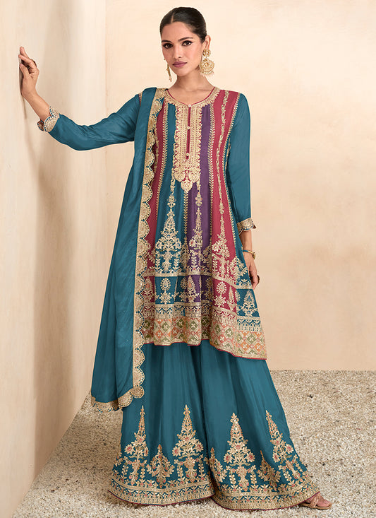Turquoise Sequence Embroidery Anarkali Gharara Suit