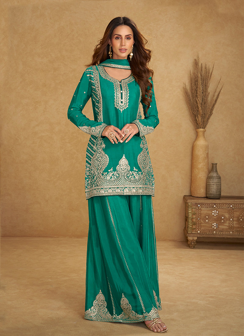 Turquoise Embroidered Party Wear Palazzo Suit