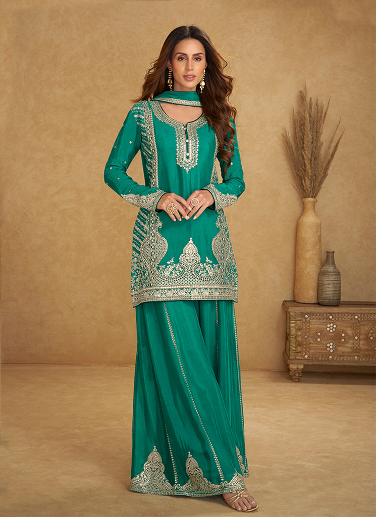 Turquoise Embroidered Party Wear Palazzo Suit