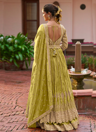 Lime Green Handwork Embroidery Slit Style Anarkali Lehenga