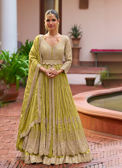 Lime Green Handwork Embroidery Slit Style Anarkali Lehenga