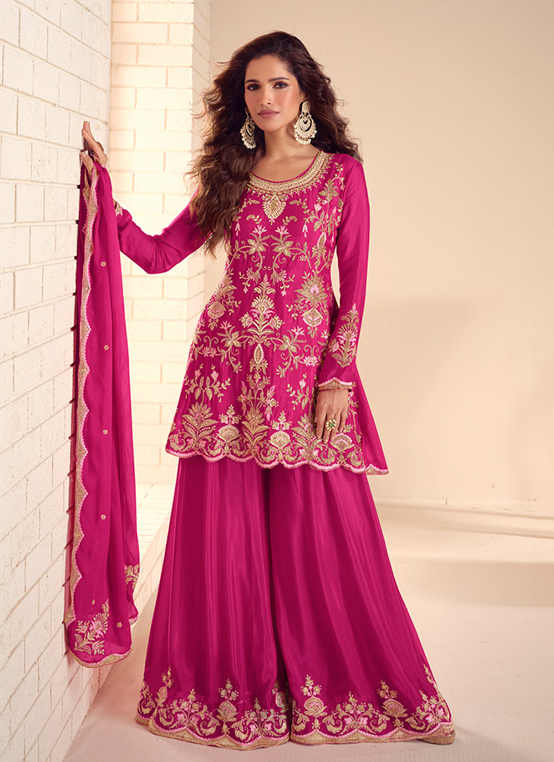 Rani Pink Handwork Embroidery Kurti And Sharara Suit