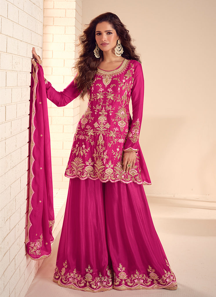 Rani Pink Handwork Embroidery Kurti And Sharara Suit