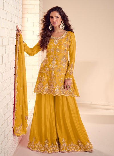 Yellow Handwork Embroidery Kurti And Sharara Suit