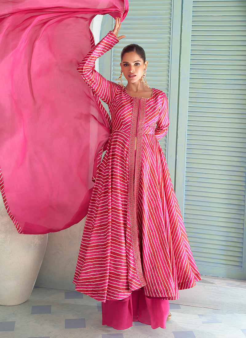 Fuchsia Pink Embroidery Slit Style Anarkali Palazzo Suit