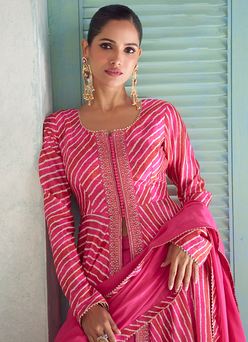 Fuchsia Pink Embroidery Slit Style Anarkali Palazzo Suit