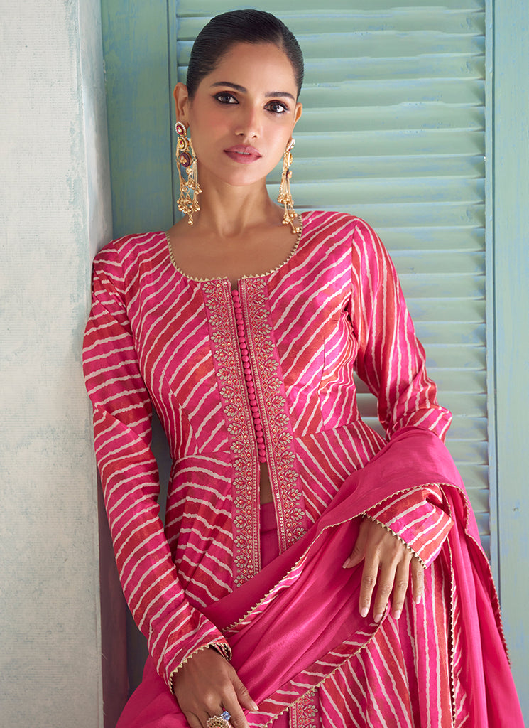 Fuchsia Pink Embroidery Slit Style Anarkali Palazzo Suit