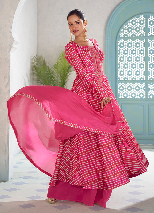 Fuchsia Pink Embroidery Slit Style Anarkali Palazzo Suit