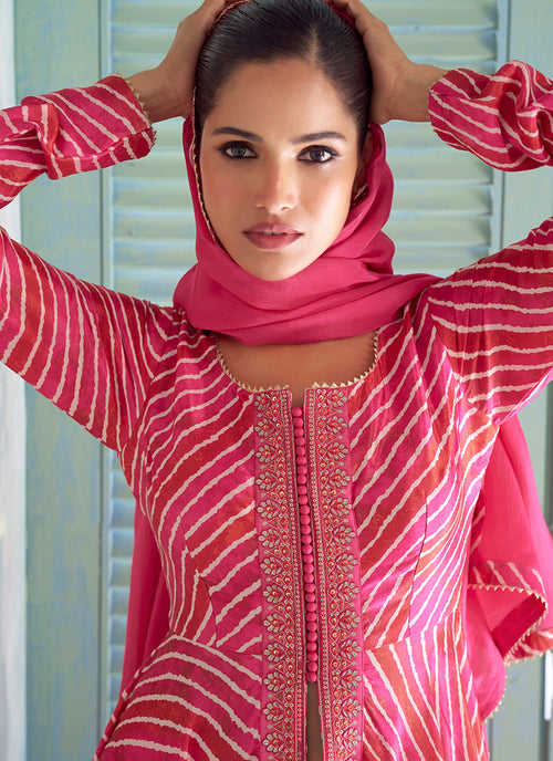Fuchsia Pink Embroidery Slit Style Anarkali Palazzo Suit