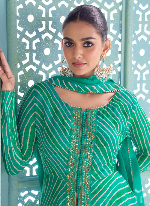 Turquoise Embroidery Slit Style Anarkali Palazzo Suit