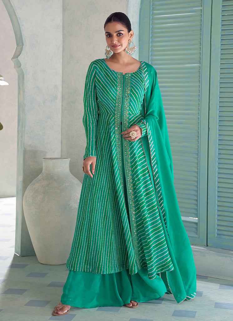 Turquoise Embroidery Slit Style Anarkali Palazzo Suit