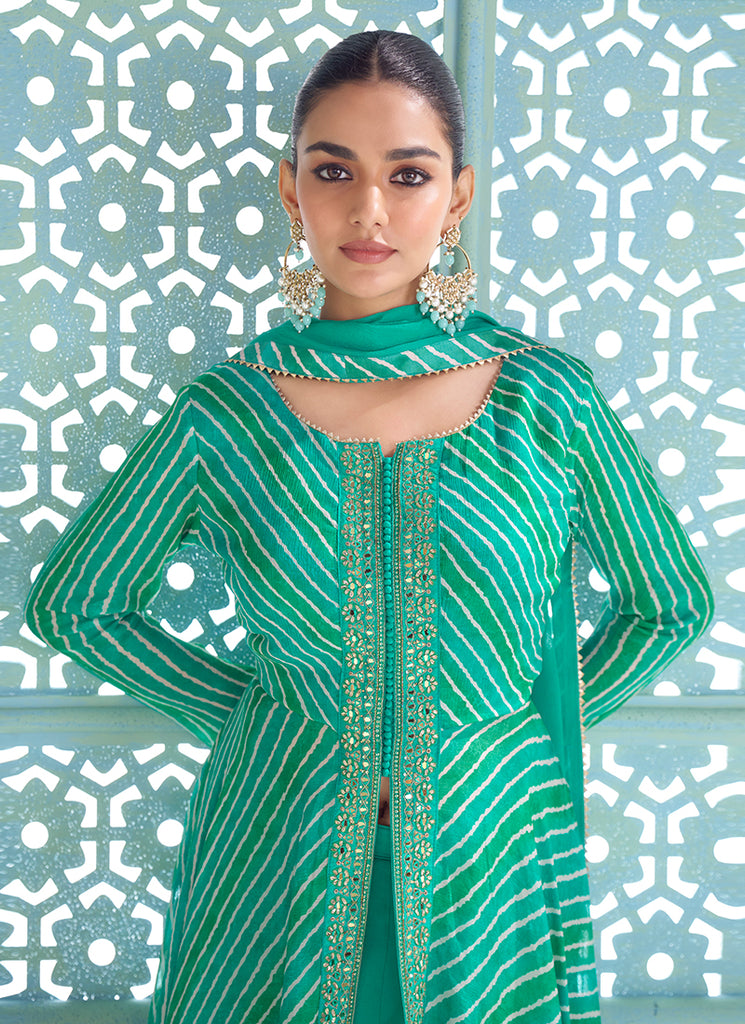 Turquoise Embroidery Slit Style Anarkali Palazzo Suit