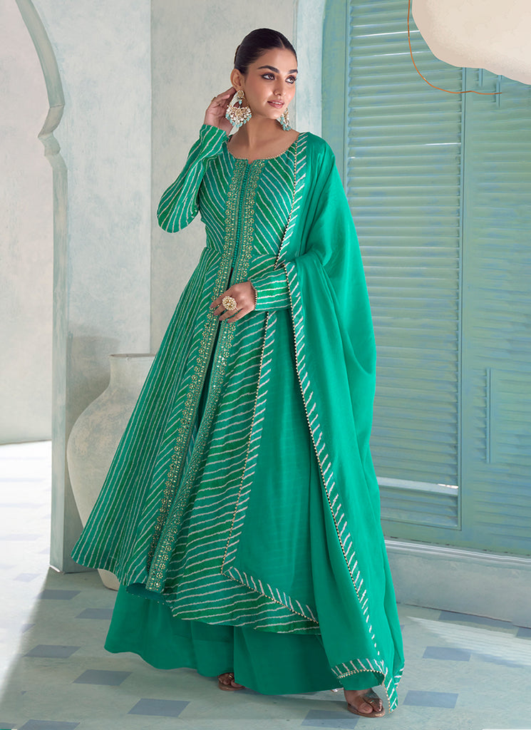 Turquoise Embroidery Slit Style Anarkali Palazzo Suit