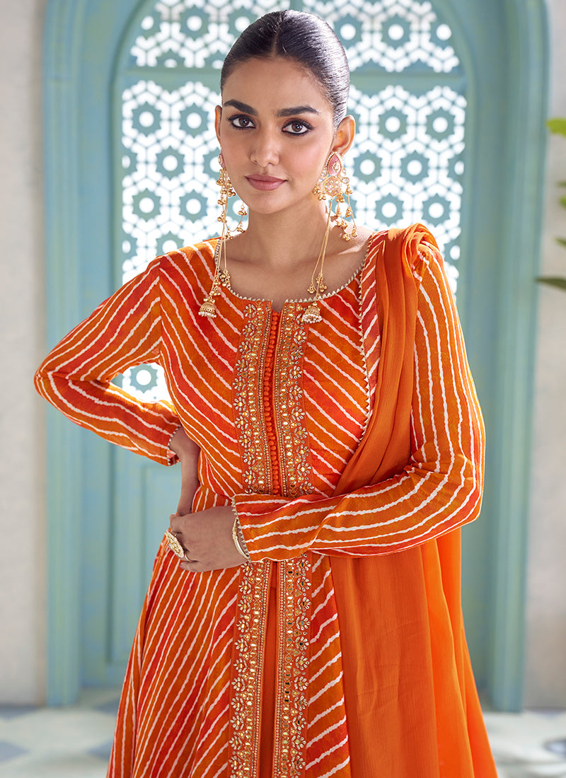 Orange Embroidery Slit Style Anarkali Palazzo Suit