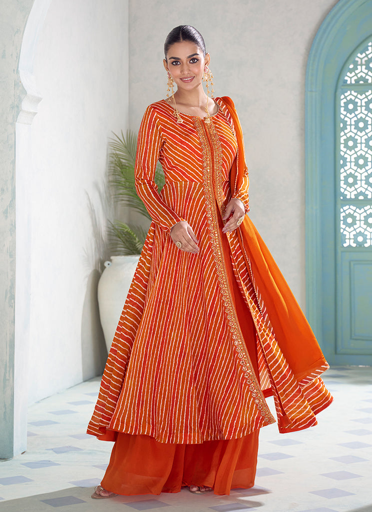 Orange Embroidery Slit Style Anarkali Palazzo Suit