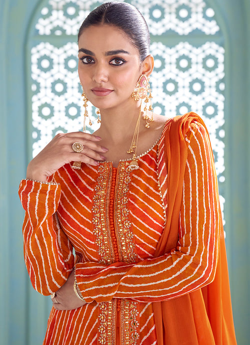 Orange Embroidery Slit Style Anarkali Palazzo Suit