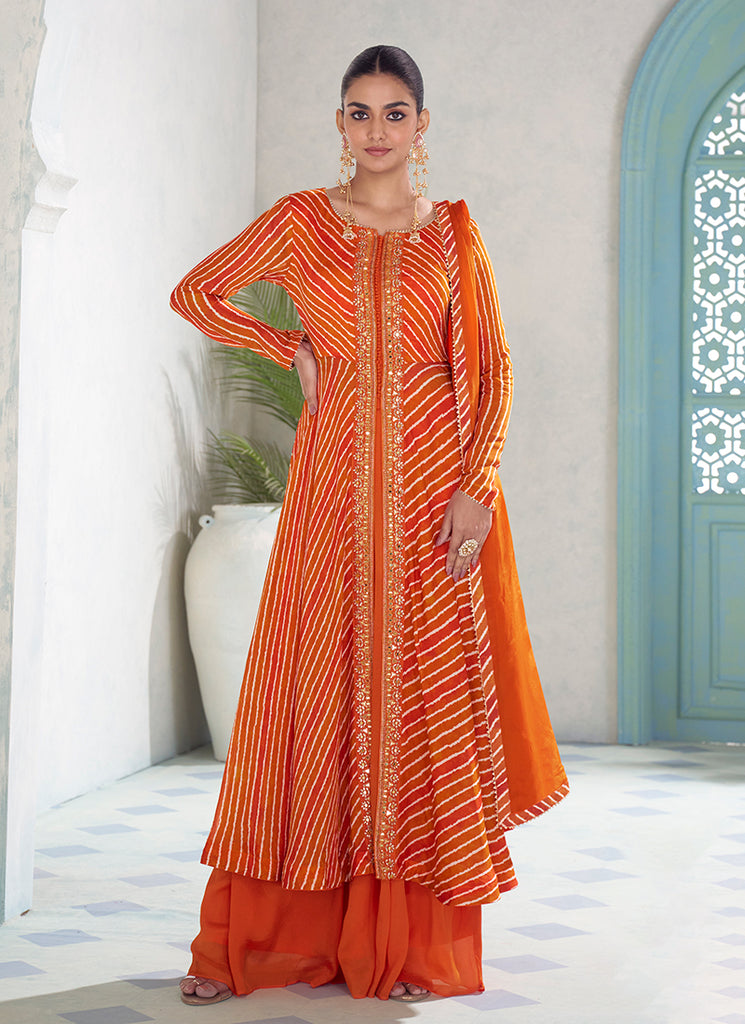 Orange Embroidery Slit Style Anarkali Palazzo Suit