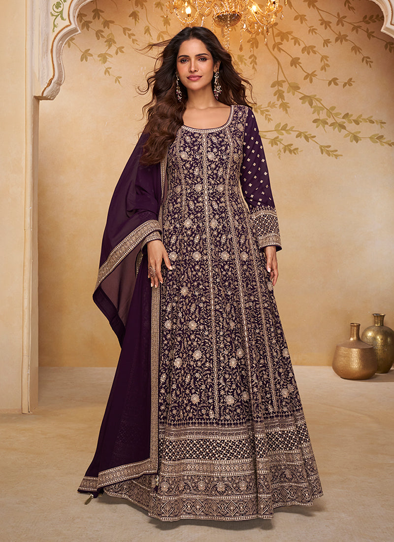 Deep Wine Embroidered Anarkali Gown with Dupatta