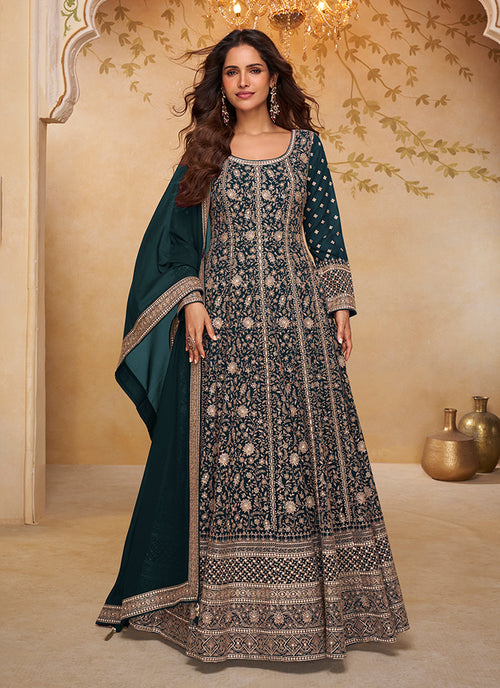 Bottle Green Embroidered Anarkali Gown with Dupatta