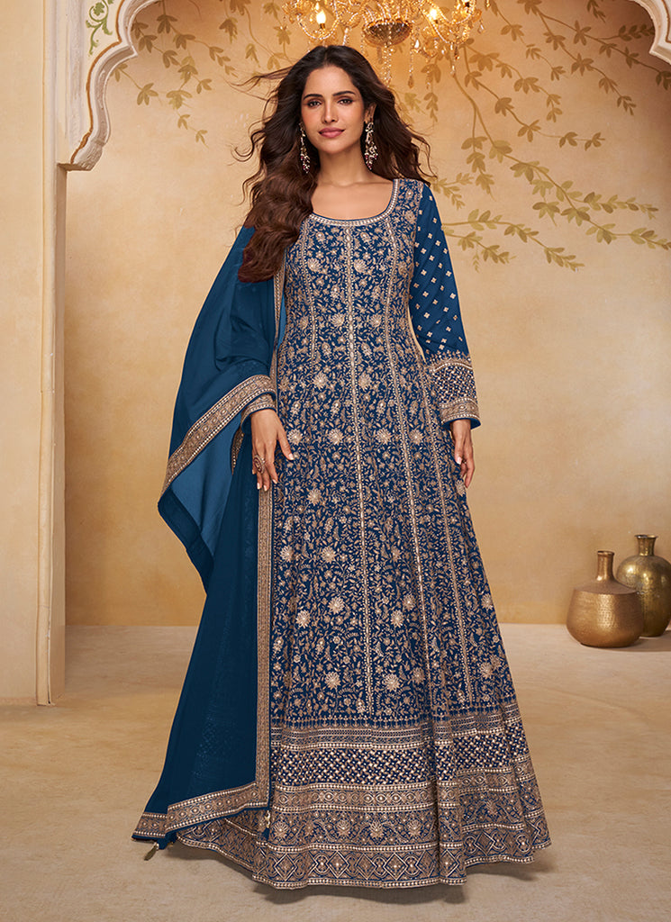 Royal Blue Embroidered Anarkali Gown with Dupatta
