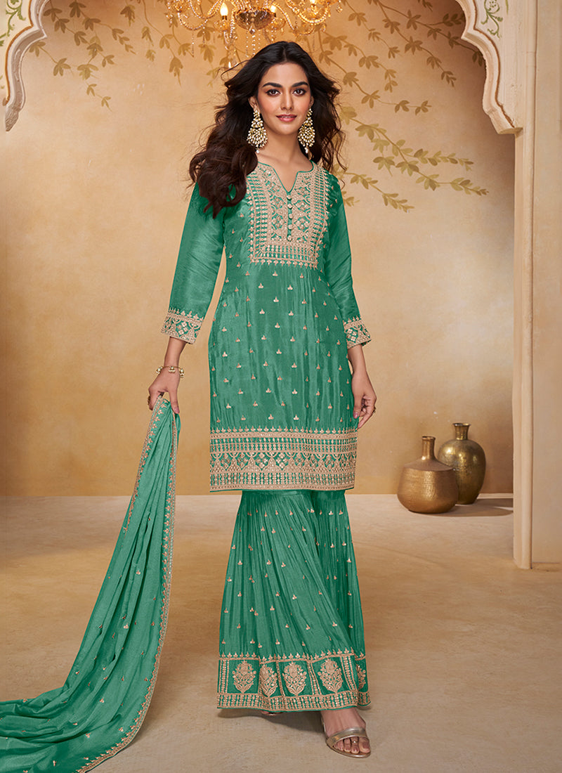 Green Traditional Embroidered Gharara Suit