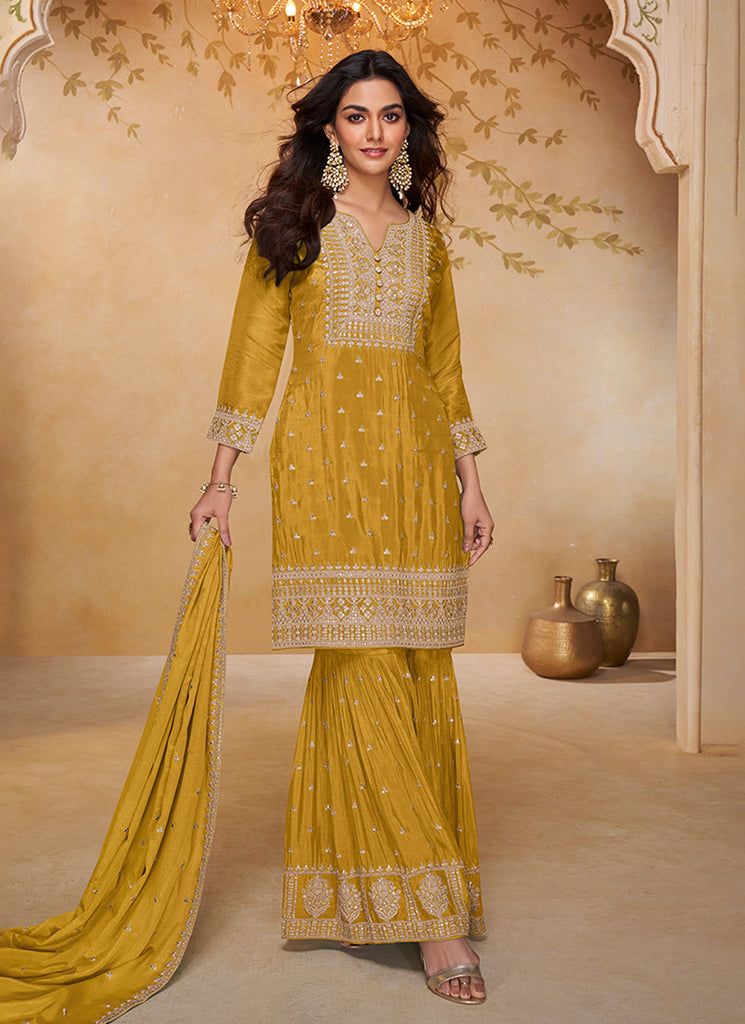 Yellow Traditional Embroidery Gharara Suit