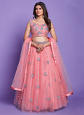 Peach Mirror Work Embroidery Wedding Lehenga Choli