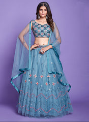 Aqua Blue Mirror Work Embroidery Wedding Lehenga Choli