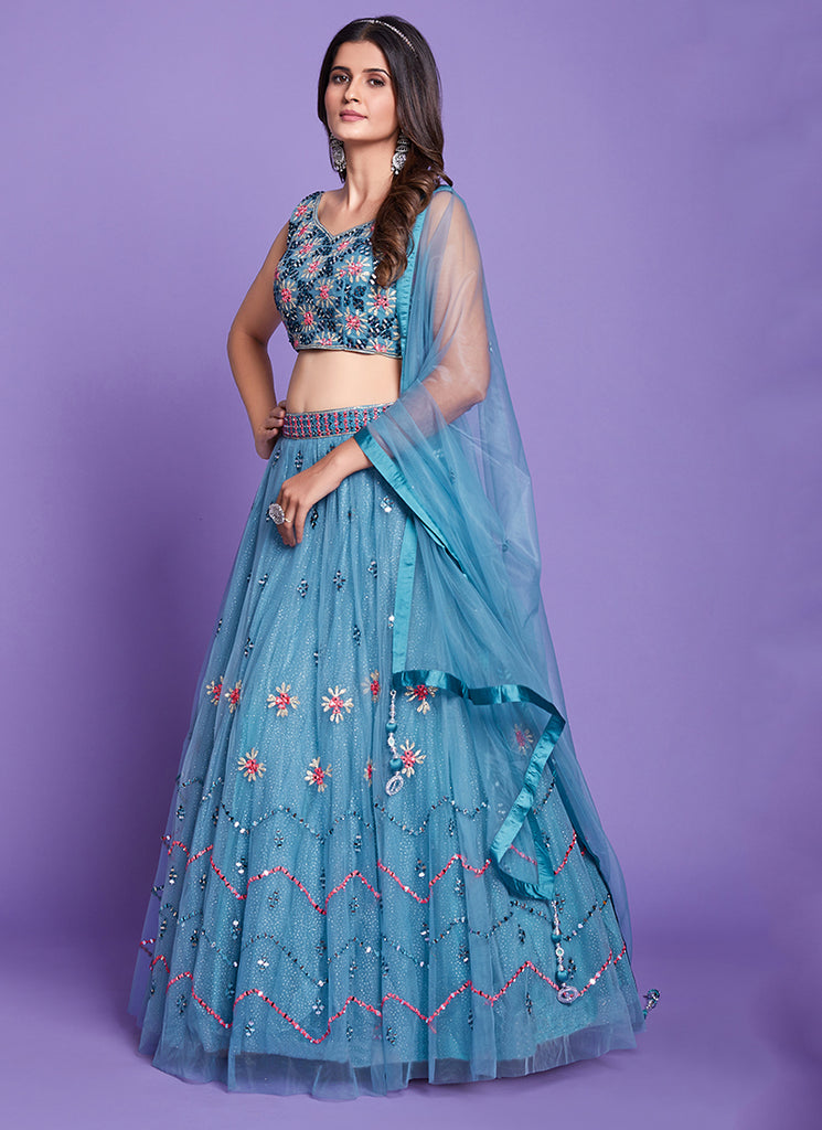 Aqua Blue Mirror Work Embroidery Wedding Lehenga Choli In USA UK