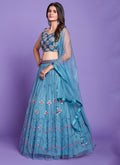 Aqua Blue Mirror Work Embroidery Wedding Lehenga Choli In USA UK