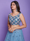 Aqua Blue Mirror Work Embroidery Wedding Lehenga Choli In USA Germany