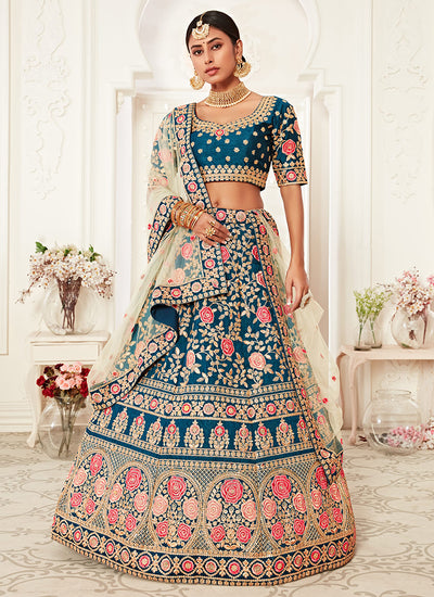 Turquoise Embroidery Wedding Lehenga Choli