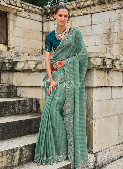 Sea Green Handwork Embroidery Wedding Saree